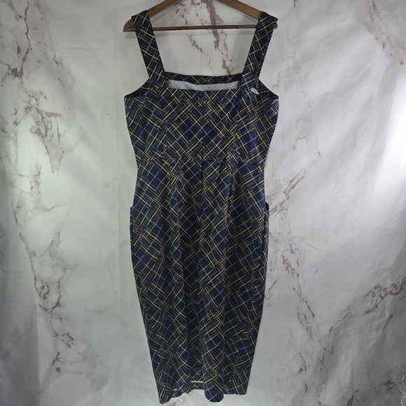 ModCloth Dress Womens 12 Large Blue Yellow Tess Hatch Tank Collectif Pin Up - Picture 5 of 12
